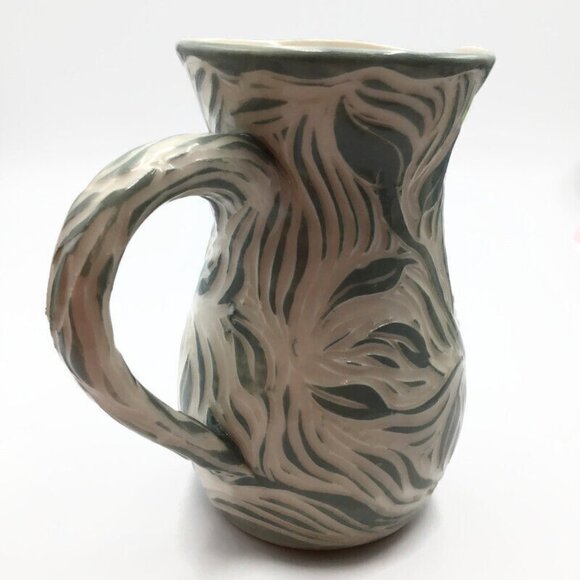 6" Pottery Pitcher Signed Paula Barry Studio Green White Creamer Leaf Design - Picture 6 of 9